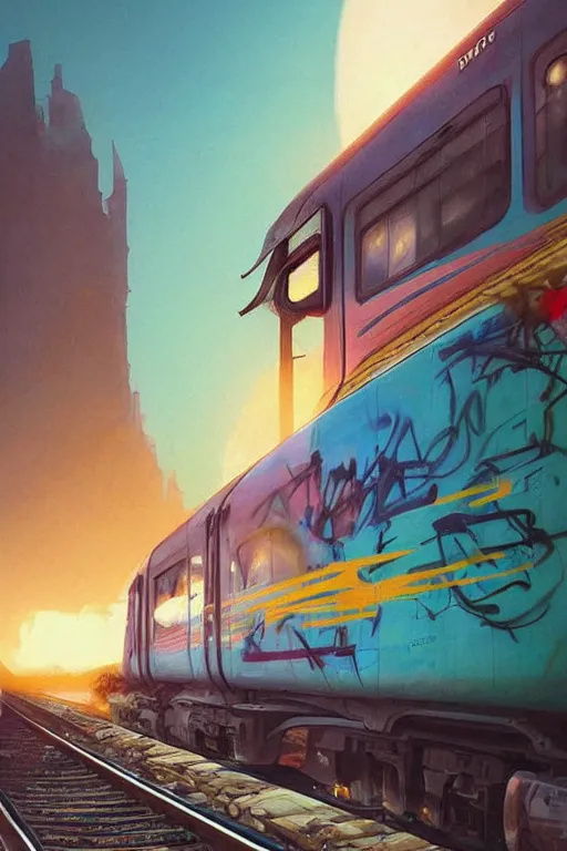 Prompt: trains covered in graffiti, greg rutkowski, and moebius and loish and artgerm, painterly, illustration, sunset lighting, beautiful artist rendering, gorgeous