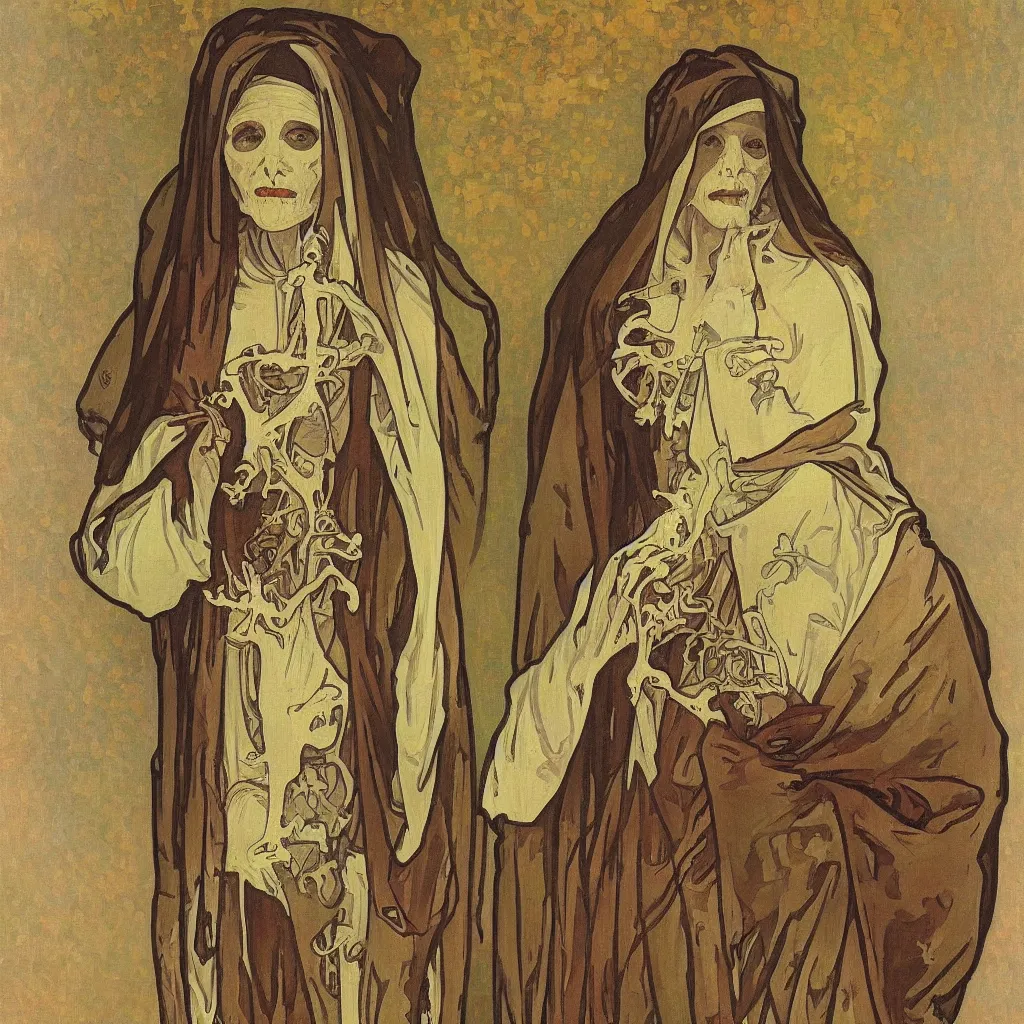 Prompt: A beautiful portrait of a skeleton nun in Impressionism style by Alphonse Mucha,oil on canvas