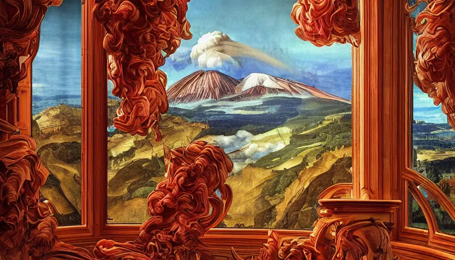 Prompt: a huge standalone hyperrealistic photorealistic hyperdetailed window, reflecting a massive erupting volcano, seen from the distance. art nouveau rococo in the style of caravaggio. unexpected elaborate maximalist fabric elements hd 8 x matte background in vibrant vivid pastel textures