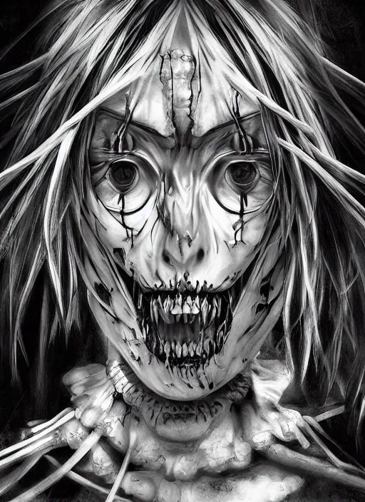 Image similar to digital _ painting _ of _ shinigami japanese horror black and white _ by _ filipe _ pagliuso _ and _ justin _ gerard _ symmetric _ fantasy _ highly _ detailed _ realistic _ intricate _ port