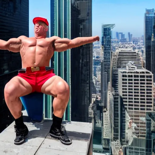 Prompt: high quality photo of donald trump bench pressing shirtless on the rooftop of trump tower