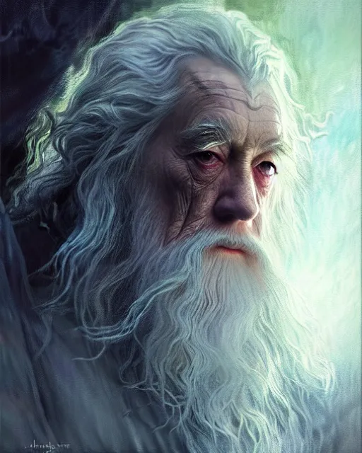 Prompt: close up of gandalf, elegant, ethereal horror fantasy art by jeremy mann and magali villeneuve and claude monet