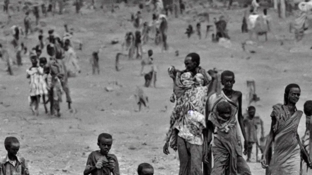 Image similar to 1 9 8 4 ethiopian famine and drought, moody, bbc television news, 8 k