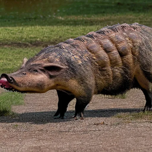 Prompt: photo of a hybrid between a boar and an alligator