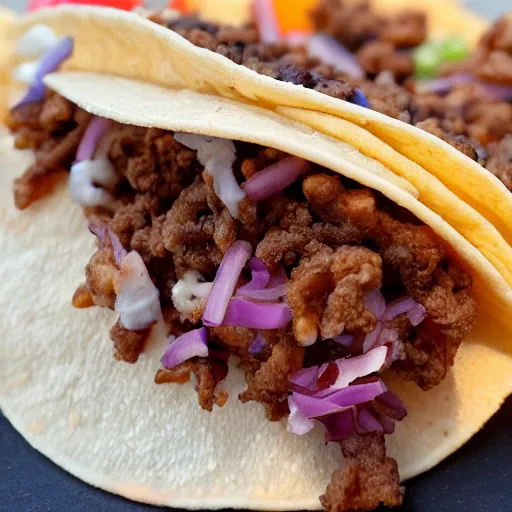 Image similar to a taco bell taco growing hair, covered in thick curly brown hair