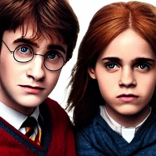 Image similar to Harry Potter Ron and Hermione in Venice, hyper realistic face, symmetrical face, beautiful eyes,