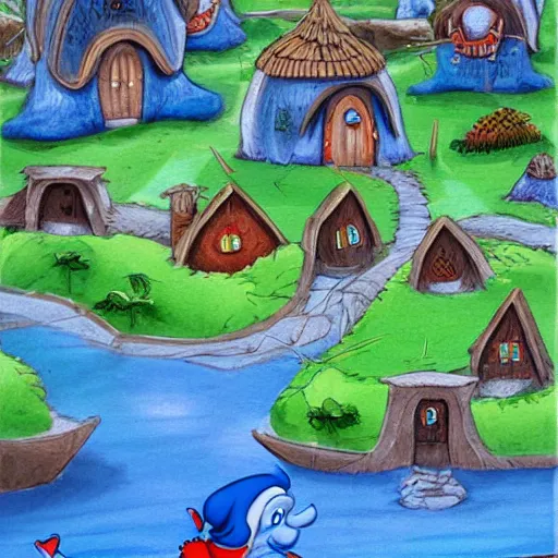 Prompt: the smurf village, artwork by random artist