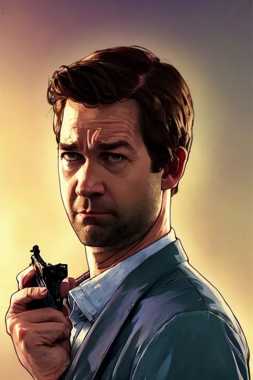 Image similar to gta jim halpert john krasinski profile picture by greg rutkowski, the office, dynamic pose, intricate, futuristic, fantasy, elegant, by stanley artgerm lau, greg rutkowski, thomas kindkade, alphonse mucha, loish, norman rockwell, fantasy lut, asymmetric, long hair, retro computer graphics, video game, fluid lines,