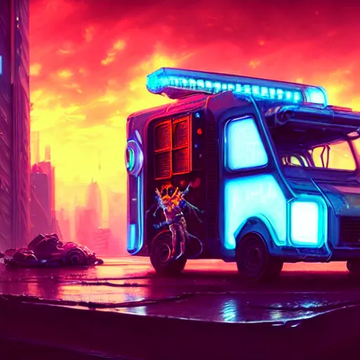 Image similar to a cyberpunk ice cream truck, highly detailed epic, CG render digital painting artwork by Greg Rutkowski, John Berkey, Alexander Jansson, Kuvshinov, WLOP, Artgerm, trending on ArtStation, intricate artwork by Tooth Wu, Beeple. octane render, trending on artstation, greg rutkowski very coherent symmetrical artwork, bokeh, cinematic, hyper realism, high detail, octane render, vervia, 8k