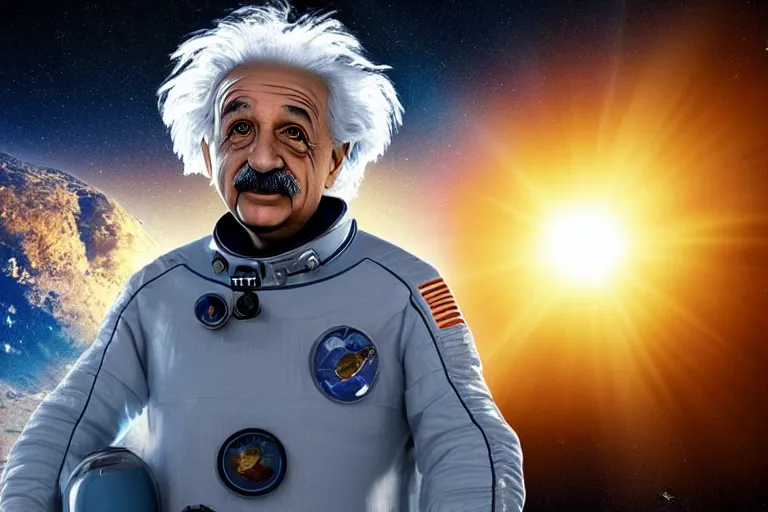 Image similar to still fullbody photo of sad albert einstein in spacesuit, giant flat earth on turtles at background, highly detailed, photorealistic shot, bright studio setting, studio lighting, crisp quality and light reflections, unreal engine 5 quality render