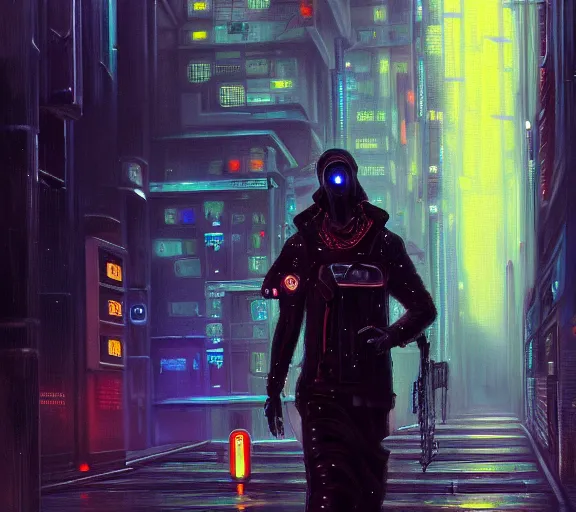 Image similar to a painting of a cyberpunk netrunner, street level, oil on canvas in the style of (Gustave Doré), 4k, 8k, HD, trending on artstation