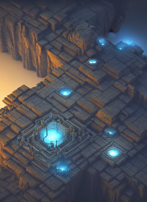 Image similar to isometric view, intricate video game level design of a planet surface with ancient structures, platforms, multiple levels, unreal engine, Arnold render, octane render, moody, night, highly detailed, volumetric lighting, glow