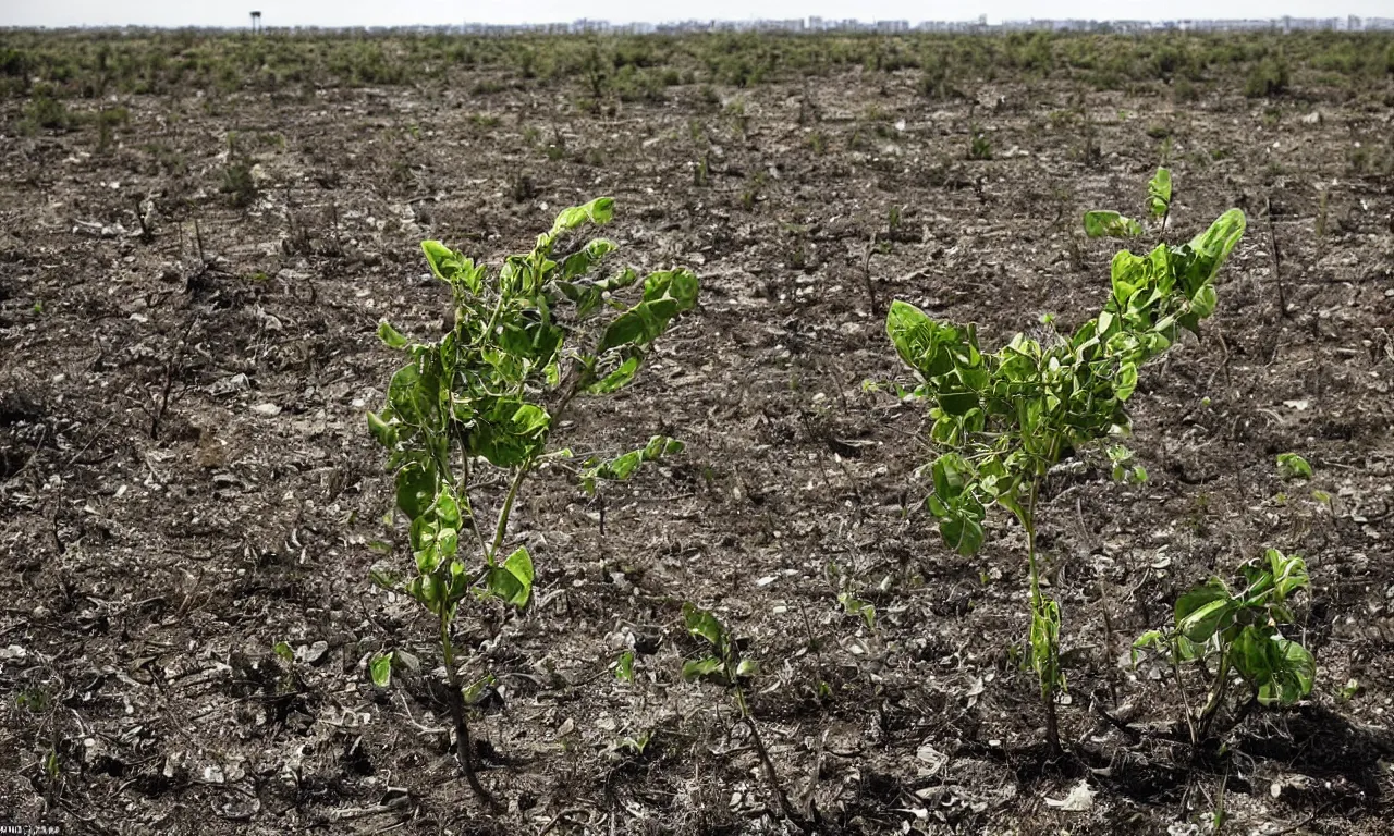 Image similar to the last plant on earth surrounded by an apocalyptic wasteland of ruined cities and vegetation-less landscape