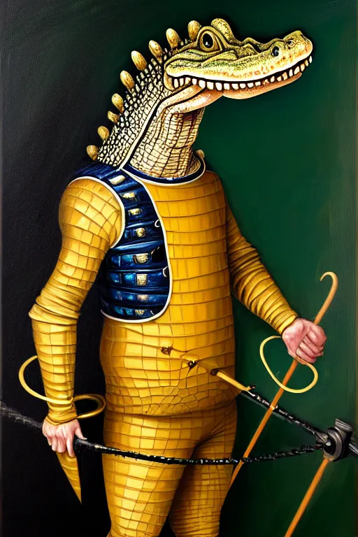 Image similar to royal portrait of an anthropomorphic male alligator fursona in fencing gear, furry art, oil on canvas, dramatic