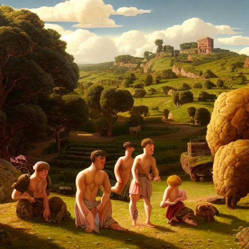 Image similar to highly detailed painting of an idyllic ancient roman pastoral landscape, dramatic, sense of scale, stephen bliss, unreal engine, greg rutkowski, ilya kuvshinov, ross draws, hyung tae and frank frazetta, tom bagshaw, tom whalen, nicoletta ceccoli, mark ryden, earl norem, global illumination, god rays, beautiful