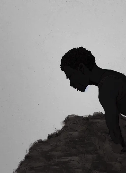 Prompt: a sad black boy at the edge of a cliff leading into a dark void, hyperrealistic very detailed photograph