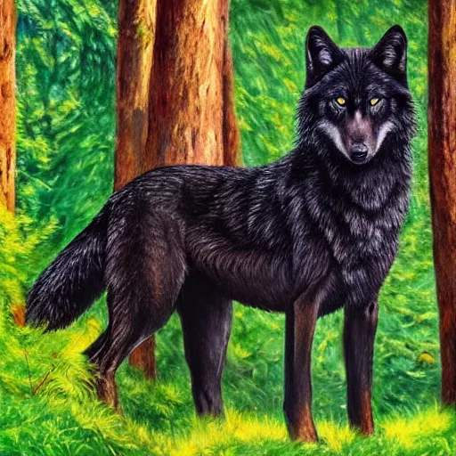 Prompt: wild and majestic black wolf beautifully standing in the shadows of some trees on a sunny day in a forest with heterochromia eyes, award winning, oil painting, high detail, high quality, 4k, stunning