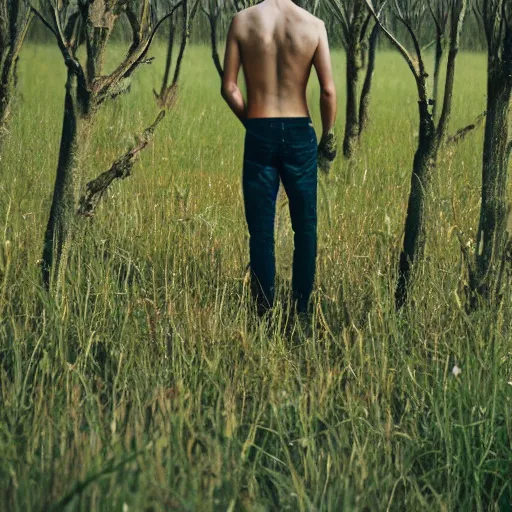 Prompt: kodak portra 1 6 0 photograph of a skinny guy standing in field of dead trees, flower crown, back view, moody lighting, moody vibe, telephoto, 9 0 s vibe, blurry background, tranquil, calm, faded!,