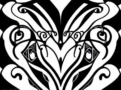 Prompt: Black and white hearts in romanticism form, vivid, vibrant, a painting in neon geometric inks, art nouveau, art deco, vraytracing, artstation.