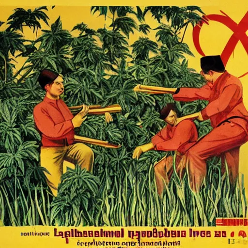 Image similar to a soviet propaganda poster of people harvesting cannabis plants