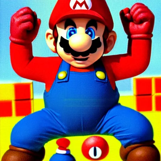 Image similar to supermario, mario wearing a red hat, and blue overalls as durga hindu god with many arms sprawled out behind,