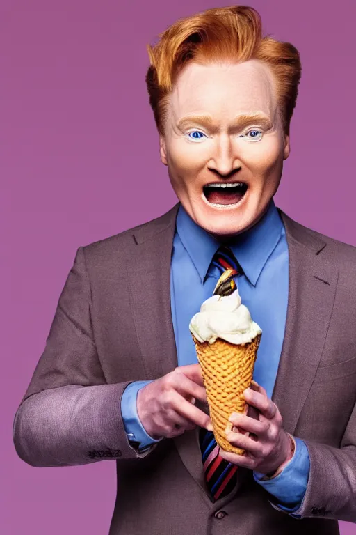 Image similar to 📷 conan o'brien the ice - cream cone 🍦, made of food, still image, dynamic lighting, 4 k