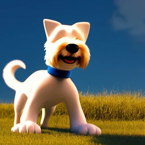 Prompt: tintin and his white wire fox terrier, depicted as a pixar character, high quality cg render, 8 k