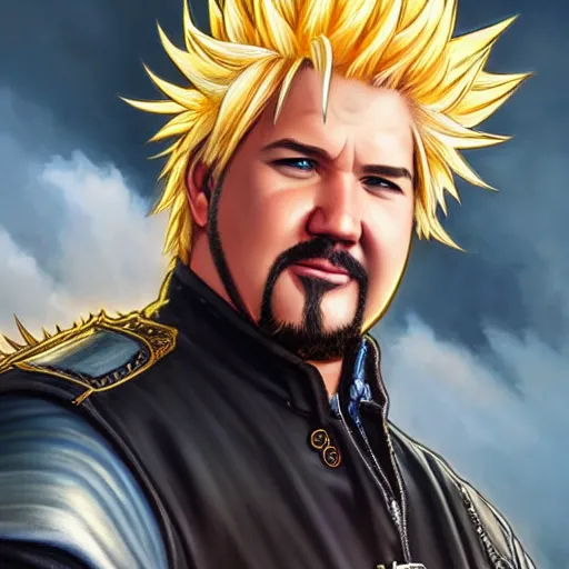 Prompt: Guy Fieri as Cloud Strife, western, D&D, fantasy, intricate, elegant, highly detailed, digital painting, artstation, concept art, matte, sharp focus, illustration, art by Artgerm and Greg Rutkowski and Alphonse Mucha