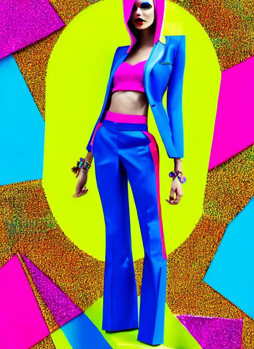 Image similar to bright trouser suit for a rave, bright colors, many details, prints, photo for a magazine, photo for a store, fashion photography, Vogue, 135 mm, cinematic, hyper realism, high detail, 8k, Two models in the frame, dynamic pose,Smooth skin, perfect face