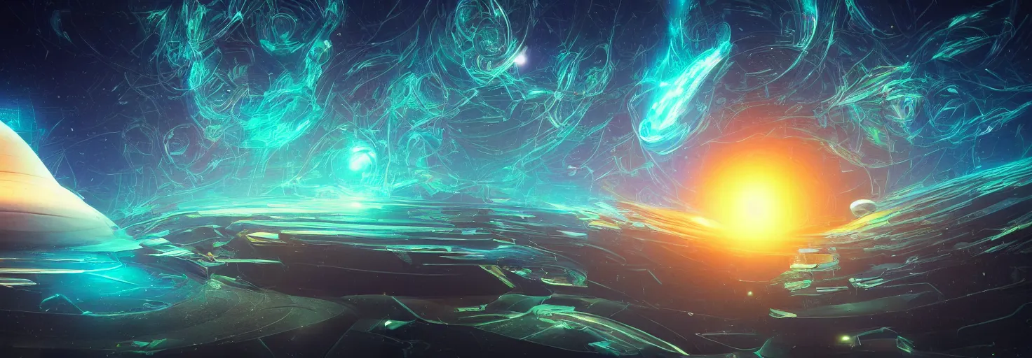 Prompt: an awe - inspiring digital art painting a mind - exploding into the cosmos, mashup digital art in the styles of beeple and jean giraud, conceptual, abstract geometrical shapes, masterful, rendered in unreal engine, lens flare, bokeh