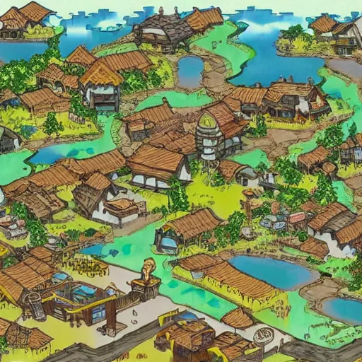 Image similar to village by a river in the style of Eiichiro Oda