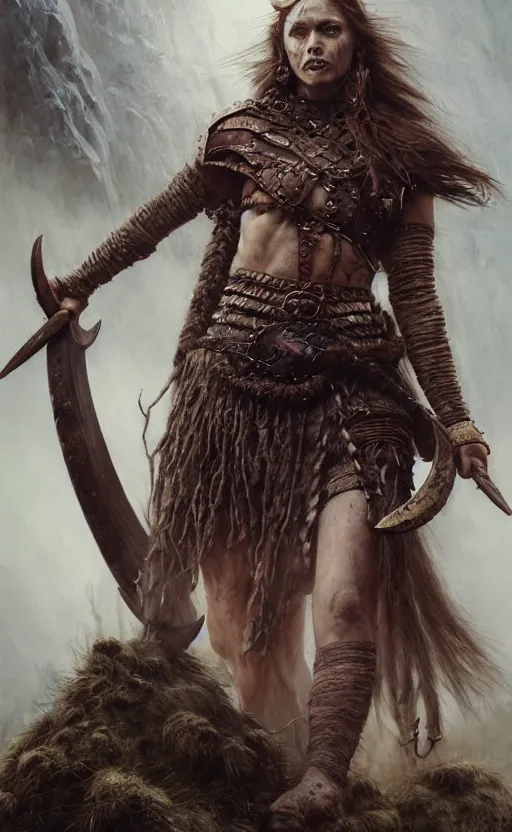 Image similar to Official photo of a majestic fierce viking woman, leader, fear, scarred, highly detailed, viking attire, cinematic, 8k, 1080s, by Stanley Artgermm, Tom Bagshaw, Greg Rutkowski, Vincent di Fate, Carne Griffiths, Ayami Kojima, trending on DeviantArt, hyper detailed, full of color, digital art