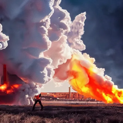 Image similar to epic photo of greta thunberg flying as superman realistic backlit background oil refinery explosions and black smoke. cinematic realistic photographic epic lighting