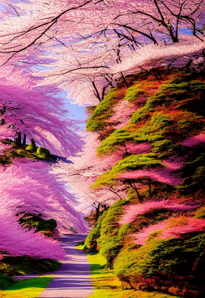 Prompt: a real photographic landscape painting with incomparable reality, wide angle, in forest, flowers, cherry blossom tree in full bloom, bright style, mount fuji, clearing, 8 k, magnificent, artstation