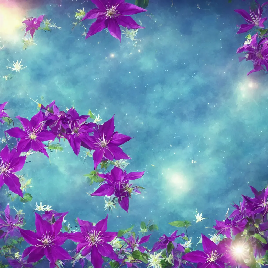 Image similar to clematis theme logo, clematis theme banner, clematis design, clematis in the deep sea, clematis like stars in the sky, trending on artstation, warm light, lovely and cute, fantasy art, 8 k resolution