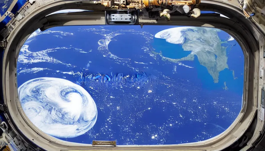 Image similar to earth seen through international space station window, by hiroshige utakawa
