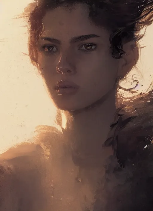 Image similar to portrait of a latin young woman, curlybrown hair and, wearing round thin, she has a big, round jawline, dramatic lighting, illustration by greg rutkowski, yoji shinkawa, 4 k, digital art, concept art, trending on artstation