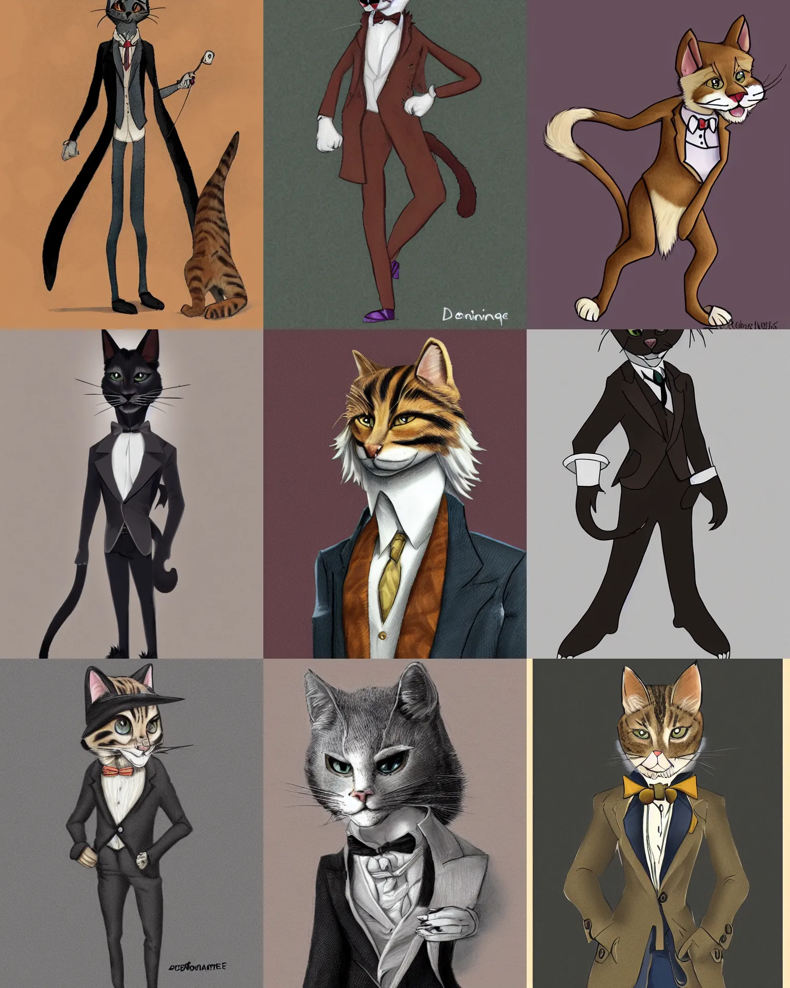 Prompt: the full body portrait of an astounding male furry's feline fursona, debonaire and dapper, quick to make friends, merciless to his enemies