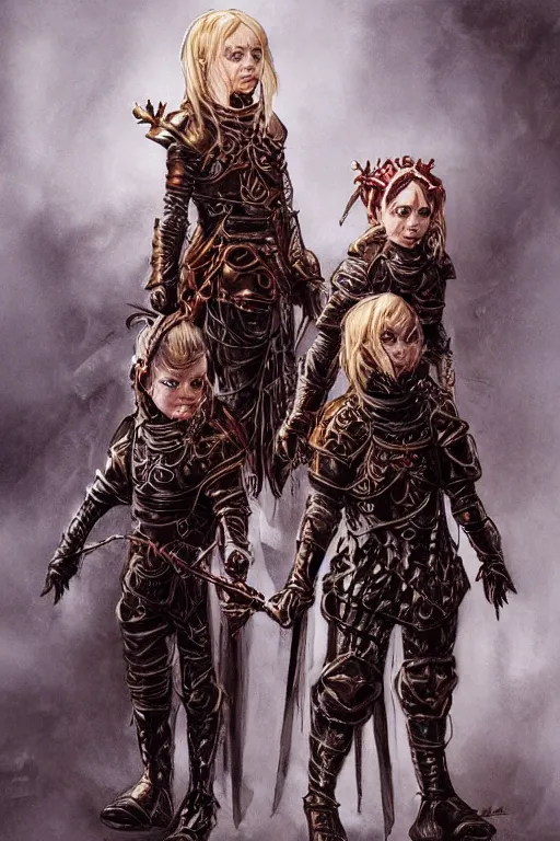 Image similar to Photo of Young Olsen twins as a medieval fantasy knight wearing dark steel scale armor and garments, Photo , red and blue jewerly ornaments, emerald jewelry, high fantasy, gothic, Sparth style, Final Fantasy style, Tsutomu Nihei style, Emil Melmoth style, Craig Mullins style, Shinkawa style, centered image, Photo , golden hour, soft lighting aesthetic, volumetric lighting,