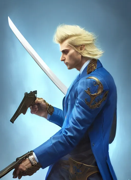 Image similar to side profile of a man with blonde hair in a blue suit wielding a large sword and a gun in a holster, fantasy, digital painting, volumetric light, intricate, sharp, focus, bloom, illustration, highly detailed, concept art, matte, ruan jia, randy vargas, greg rutkowski