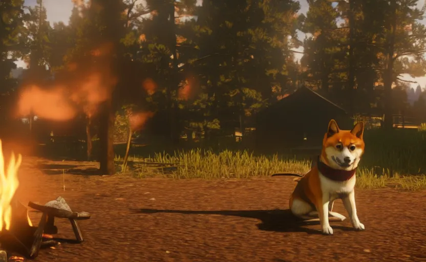 Image similar to A shiba inu dog in Red Dead Redemption 2, cinematic shot, campfire