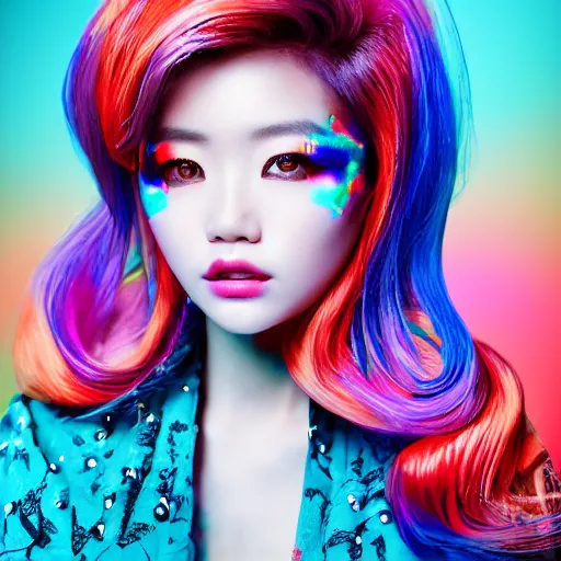 Prompt: japanese model with maximalist hair style and makeup, bright colors, fashion model, portrait shot, gliter, depth of field, 8 k, hyper detailed, intricate, trending on artstation