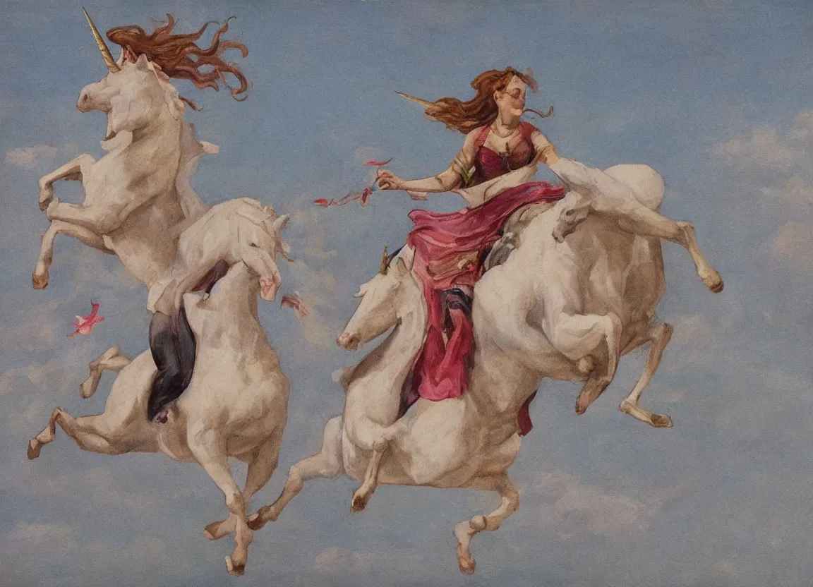 Prompt: woman riding a flying unicorn