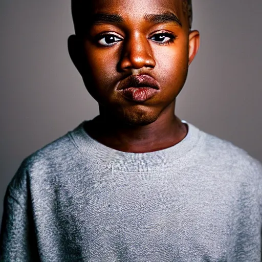 Image similar to the face of young kanye west wearing yeezy clothing at 1 3. 5 years old, portrait by julia cameron, chiaroscuro lighting, shallow depth of field, 8 0 mm, f 1. 8