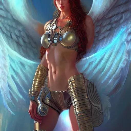 Prompt: Cyborg angelic woman in futuristic bikini armor, D&D, elegant, vibrant, fantasy, intricate, smooth, artstation, painted by edgar maxence, greg rutowski, ross tran, artgerm