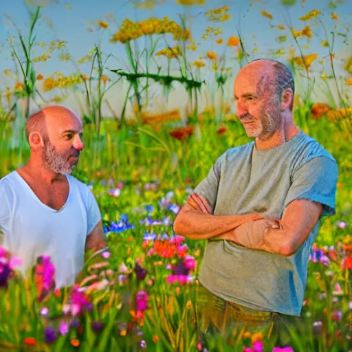 Image similar to a man is white and balding, and middle aged, and the other man is latino and skinny, together in a field of flowers at sunset, realistic, intricate, 4k