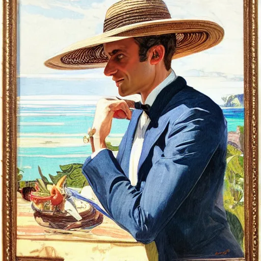 Prompt: a portrait of emmanuel macron wearing a straw hat in a scenic environment by j. c. leyendecker