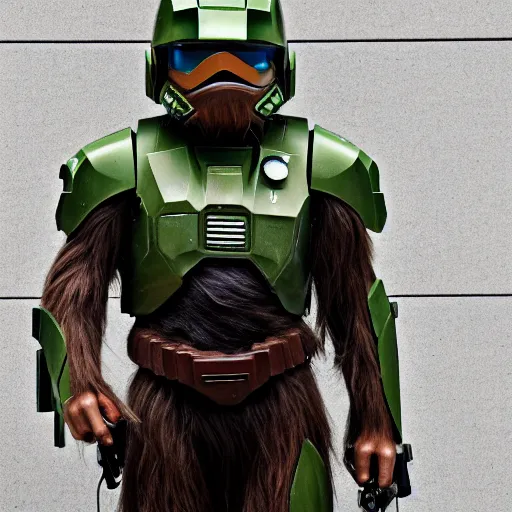 Image similar to chewbacca as master chief, highly detailed, extremely high quality, hd, 4 k, 8 k, canon 3 0 0 mm, professional photographer, 4 0 mp, lifelike, top - rated, award winning, realistic, detailed lighting, detailed shadows, sharp, no blur, edited, corrected, trending