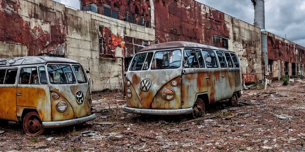 Prompt: an old abandoned factory with a vw campervan rotting, rust,