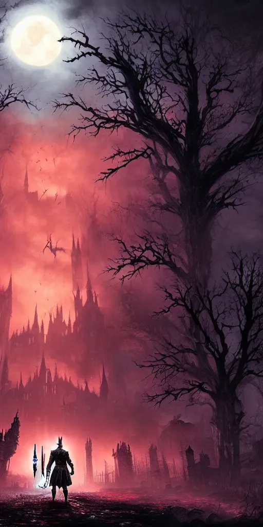 Prompt: abandoned bloodborne old valley with a person at the centre and a ruined gothic city at the emd, trees and stars in the background, bats in the sky, falling red petals, epic red - orange moonlight, perfect lightning, wallpaper illustration by niko delort and kentaro miura, 4 k, ultra realistic